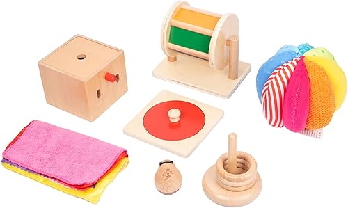 Miniatura 2 de Montessori Toys Kit de juego para bebés de 3 a 9 meses incluye rompecabezas de espejo, tambor giratorio, bola de tela, Roly-Poly, discos de madera
