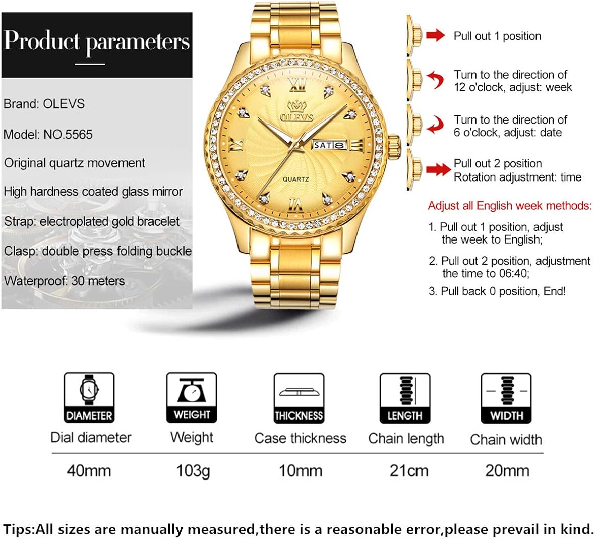 OLEVS Gold Watches for Men Waterproof Diamond Luxury Best Watches for Men Calendar Date Analog Quartz Watch Stainless Steel Classic Wrist Watch Christmas Day Gifts - Image 4