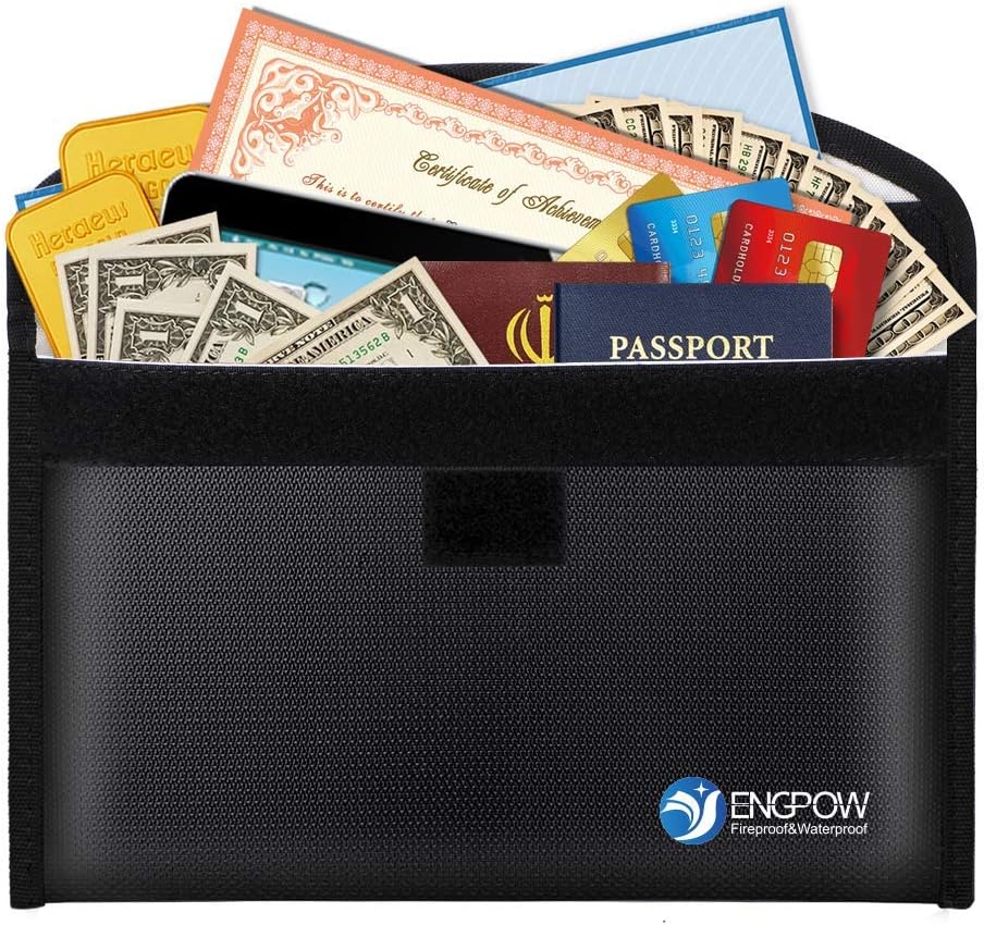 ENGPOW Small Fireproof Money Bag, 10.2"x5.9" Water-Resistant and Fireproof Safe Bag, Fireproof Document Bag for A5 Document, Cash, Passport, Jewelry, Card, Ticket (Black)