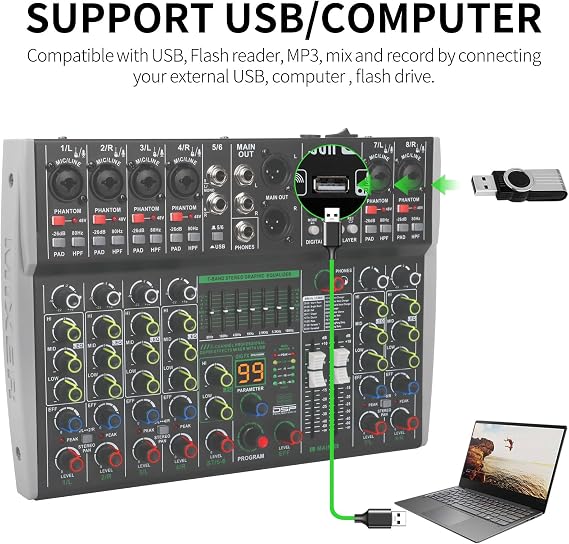خلاط صوت XTUGA 8 قنوات للكمبيوتر الشخصي، لوحة صوت DJ مع معادل صوت ستيريو/PAD/HPF، USB/Bluetooth/48V Phantom Power لتسجيل البث المباشر في استوديو حفلات الكاريوكي (OM8)
