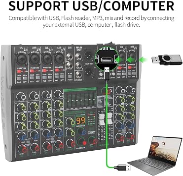 خلاط صوت XTUGA 8 قنوات للكمبيوتر الشخصي، لوحة صوت DJ مع معادل صوت ستيريو/PAD/HPF، USB/Bluetooth/48V Phantom Power لتسجيل البث المباشر في استوديو حفلات الكاريوكي (OM8)