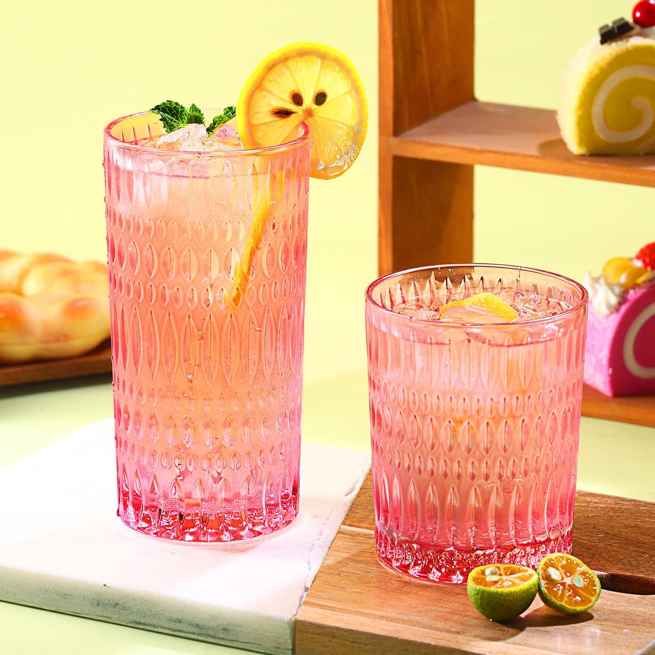 Loivttvv Glassware Trinkgläser-Set, 400 ml und gerippte Glasbecher, Vintage-Gläser für Wasser, Saft, Cocktail, Whiskey, Rosa, 8 Stück