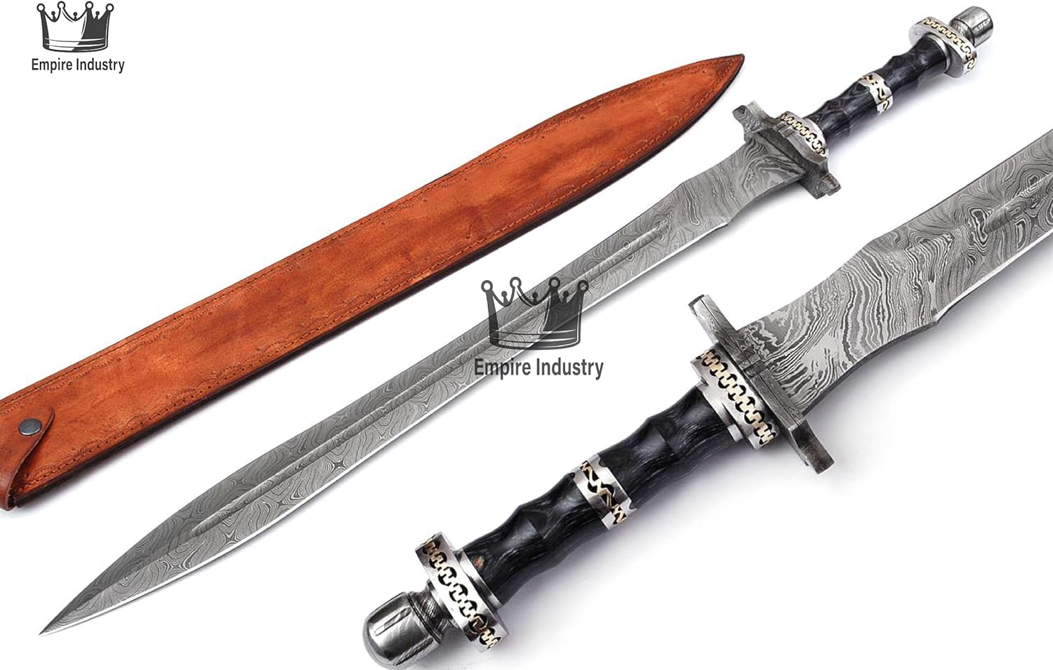 Empire - 32 Inch Long - Handmade Damascus Steel File Work Double Edge Viking Sword with Sheath - Pakka Wood Grip - Sharp Edges - Non-Slip Grip - Hand Forged Medieval Sword - Gift for Him