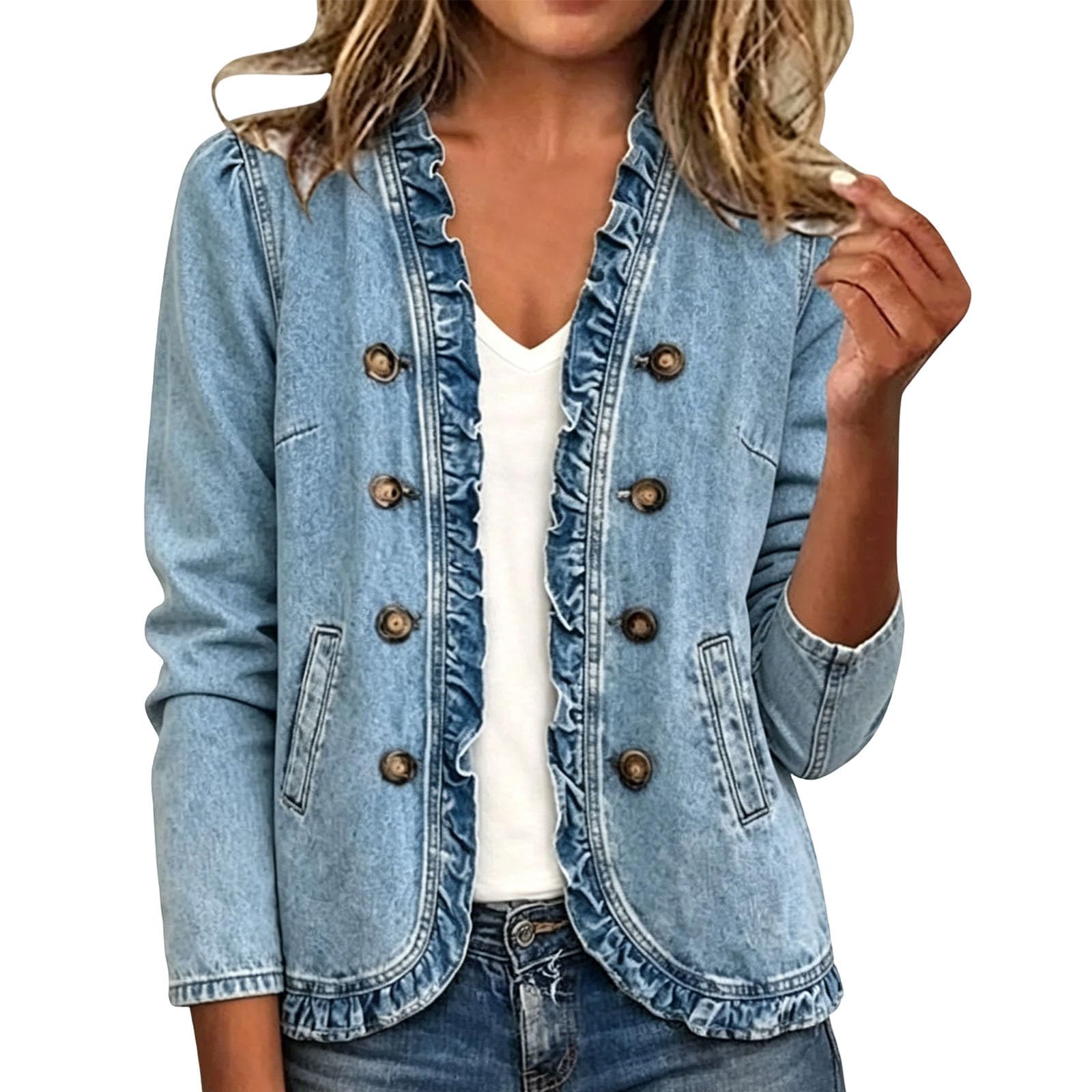 Veste en Jean pour Femme Volants à L’Ourlet Veste Mi‑Saison Élégante