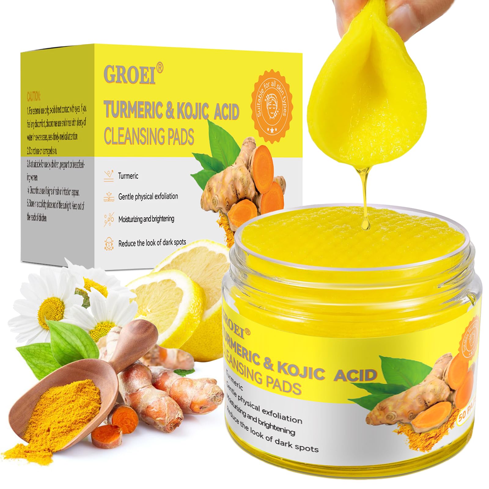 Kojic Acid & Turmeric Cleansing Pads with Vitamin C, Exfoliating Toner Pads for Dark Spots & Uneven Skin Tone