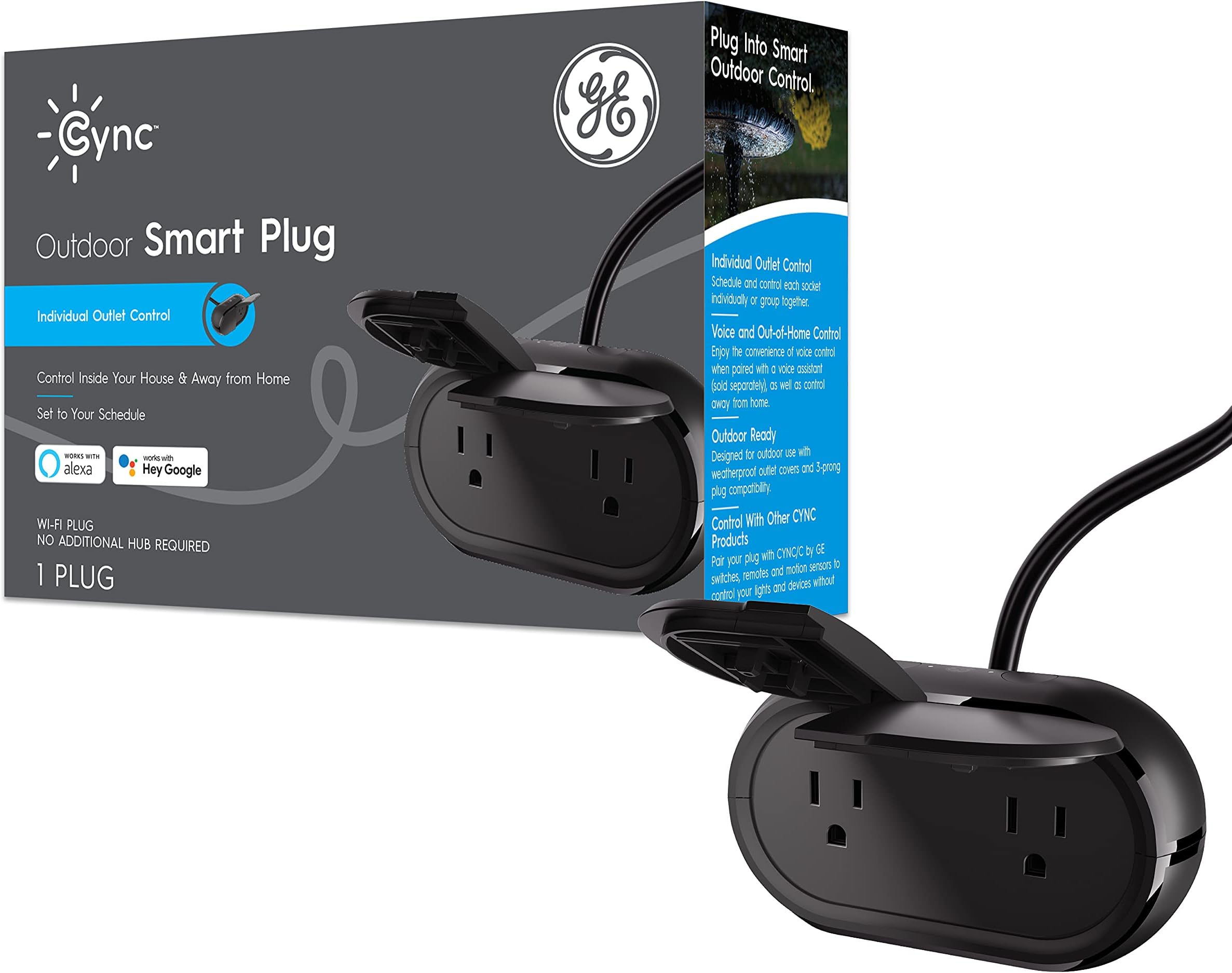 GE Cync Smart Plug, Outdoor Bluetooth and Wi-Fi Outlet Socket, Weather Resistant Plug, Works with Alexa and Google, Black (1 Pack)