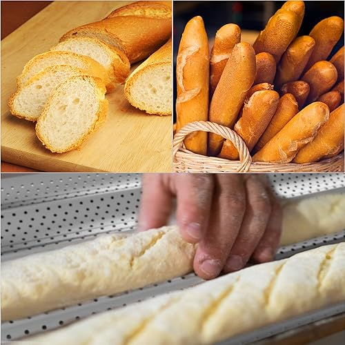 Miniatura 8 de Paquete de 2 sartenes perforadas antiadherentes para baguette de 15 x 13 pulgadas para hornear pan francés, 4 panes ondulados, molde para hornear