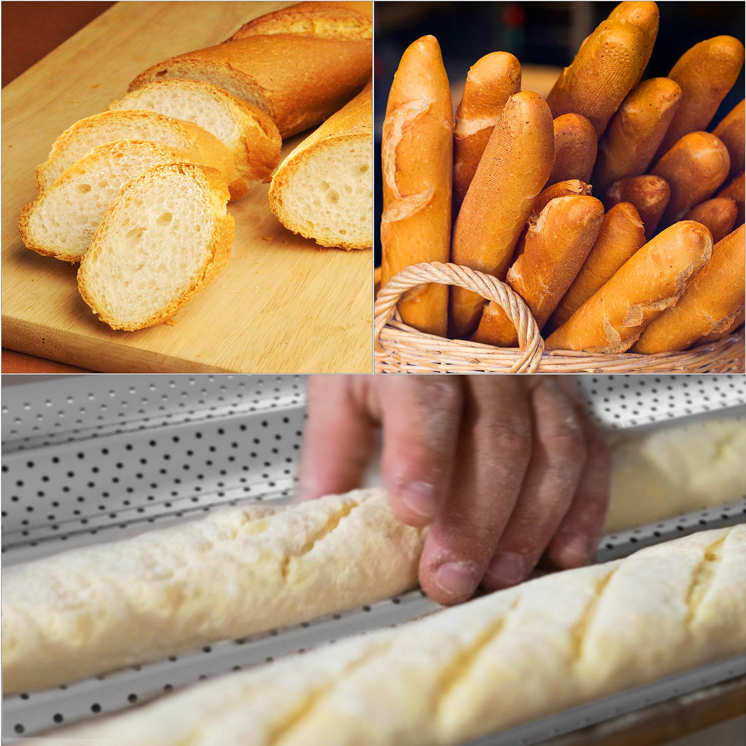 Lot de 2 moules à baguette perforés antiadhésifs 38,1 x 33 cm pour la pâtisserie du pain à 4 vagues Argenté