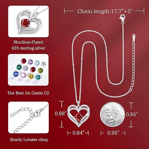 Miniatura 6 de LOUISA SECRET Heart Birthstone Necklaces for Women, 925 Sterling Silver Women Pendant Necklace, Birthday Anniversary Valentine's Day Jewelry Gift
