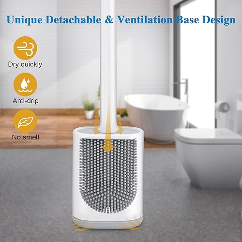 Miniatura 10 de Cepillo de inodoro de silicona y soporte flexible de limpieza eficiente cepillo de inodoro montado en la pared con cabezal de cepillo de mango largo
