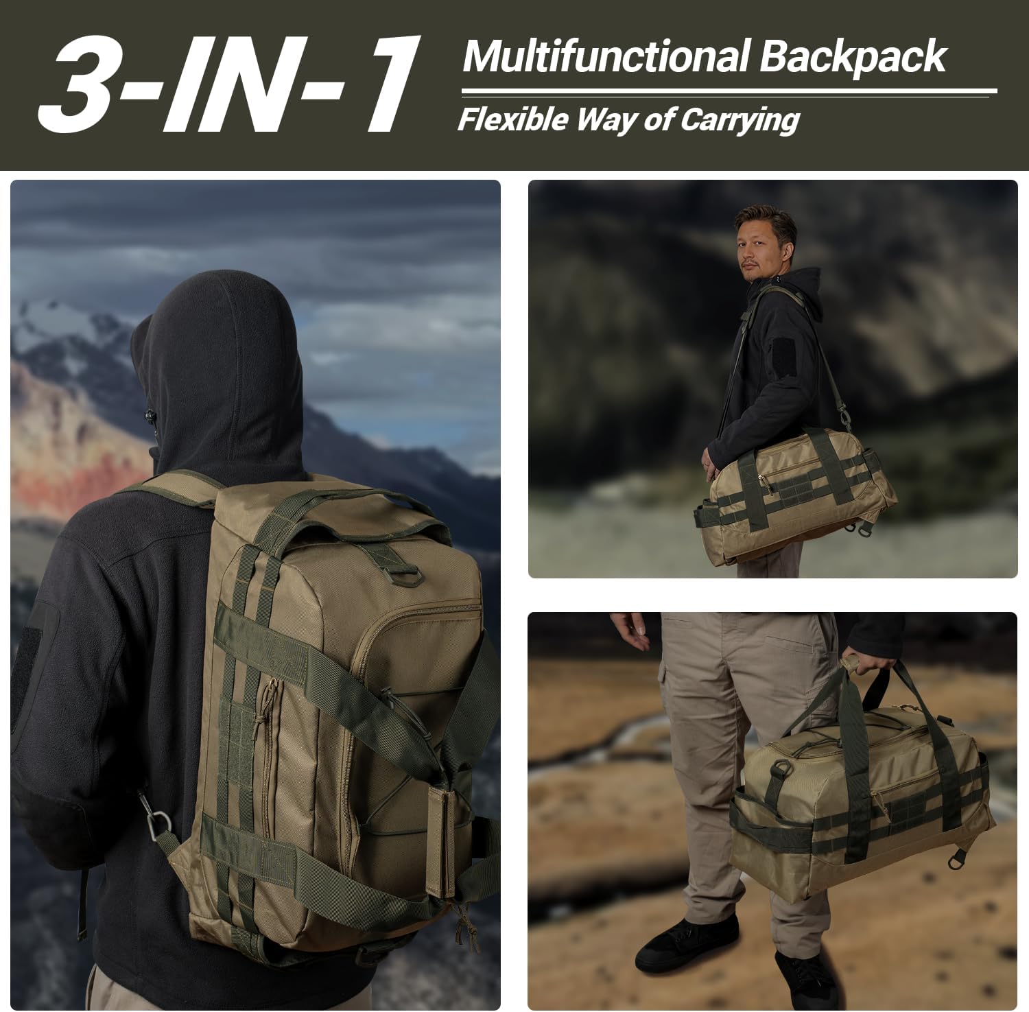 Hannibal Tactical 35L Large Duffle Bag, 3-in-1 Tactical Backpack MOLLE Pack for Sports/Gym/Outdoor, Coyote with Olive