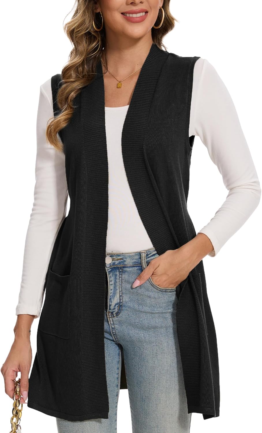 Beautiful Nomad Sleeveless Cardigans for Women Long Sweater Vest Jacket Ribbed Outerwear Coat with Pockets