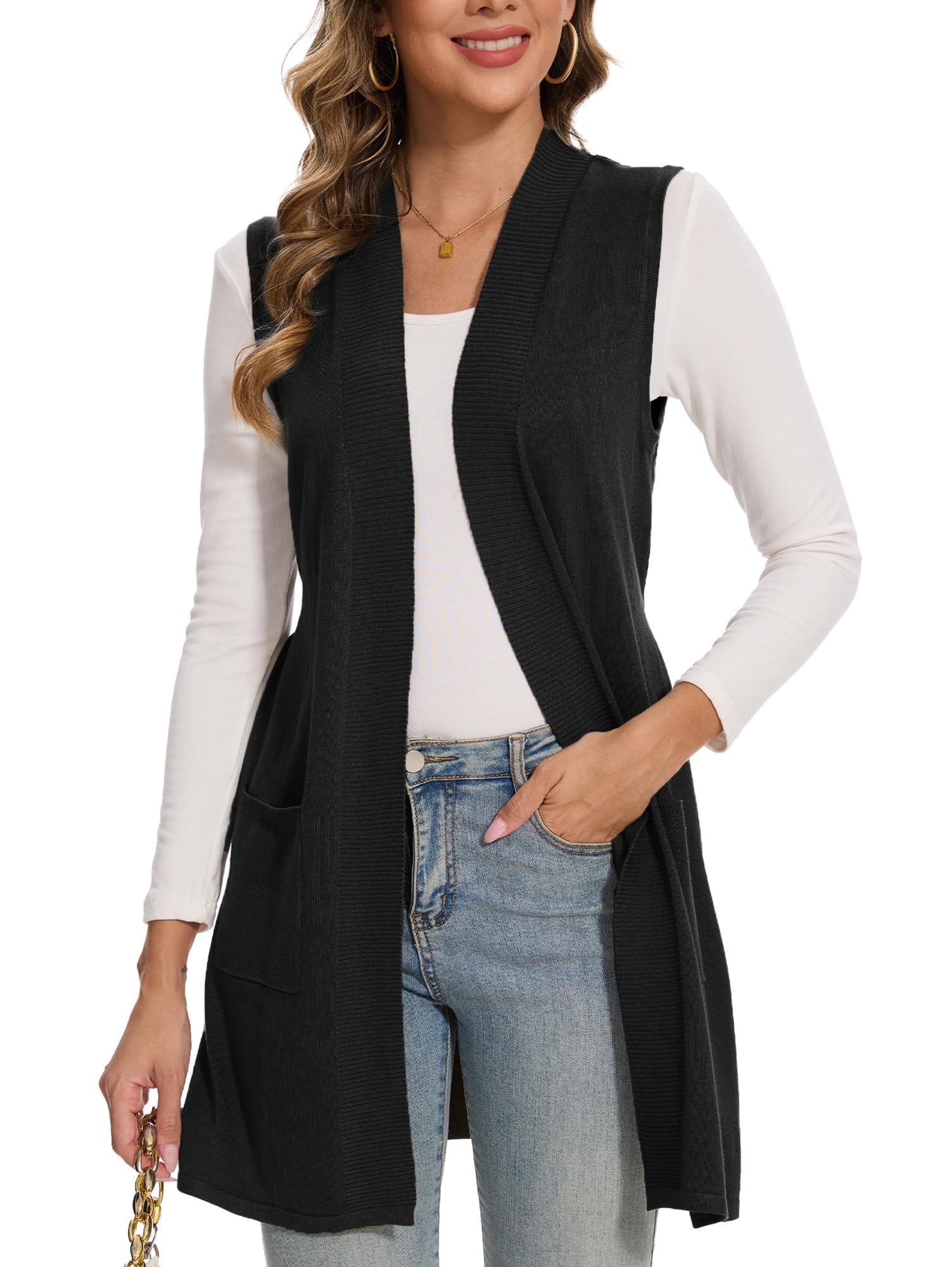 Beautiful Nomad Sleeveless Cardigans for Women Long Sweater Vest Jacket Ribbed Outerwear Coat with Belt