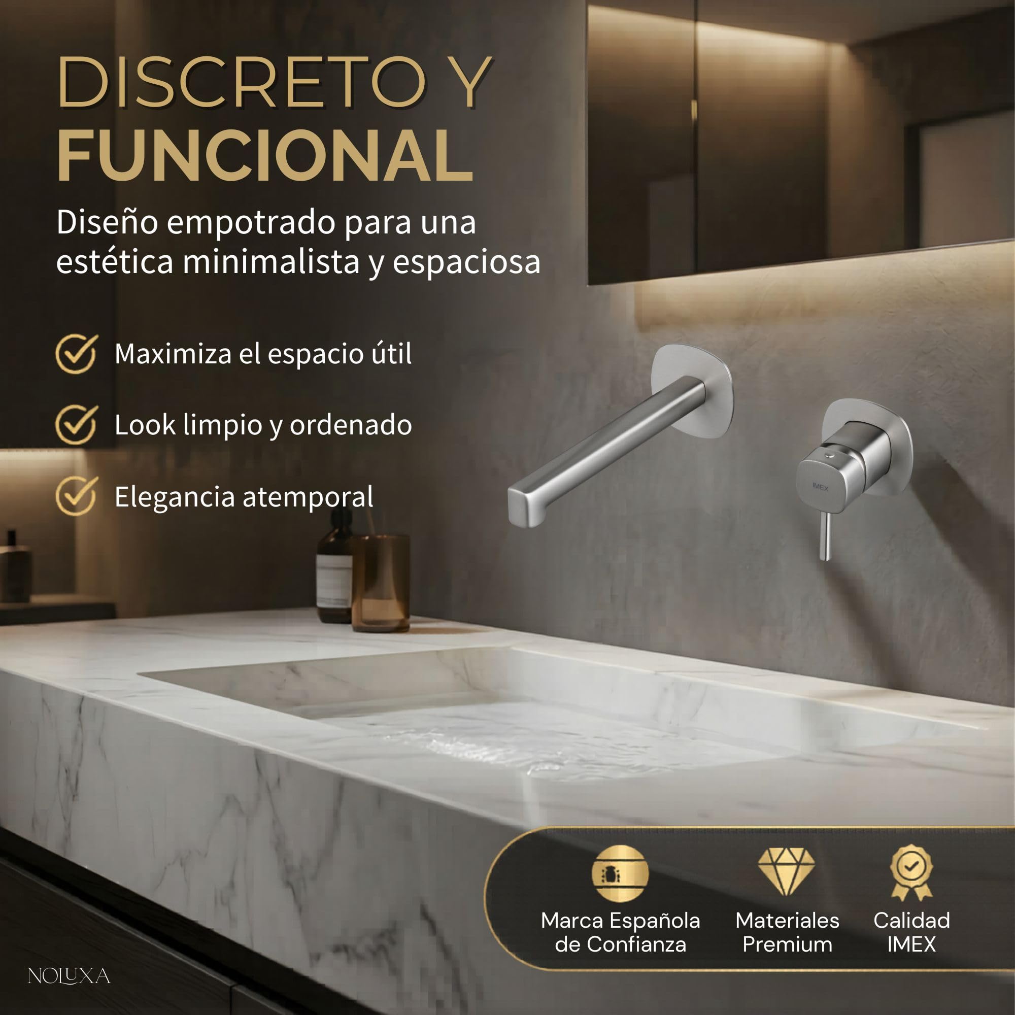 IMEX - Miscelatore per Lavabo da Incasso in Nichel Spazzolato | Miscelatore Monocomando a Parete per Acqua Calda e Fredda | Rubinetto in Ottone con Cartuccia in Ceramica Ø35mm | Serie Toscana