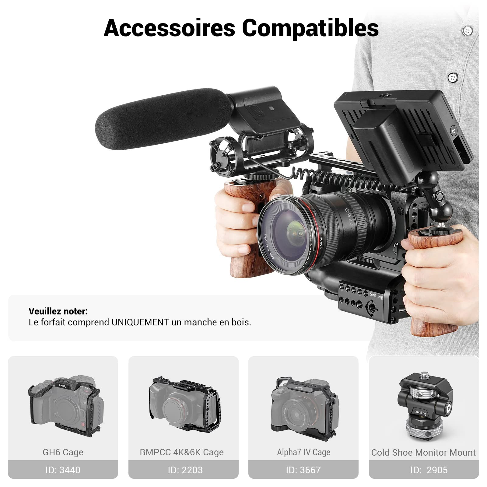 SMALLRIG Poignée en Bois avec Fixation Cold Shoe, Poignée Latérale Ajustable pour Camera DSLR Cage - 2093C