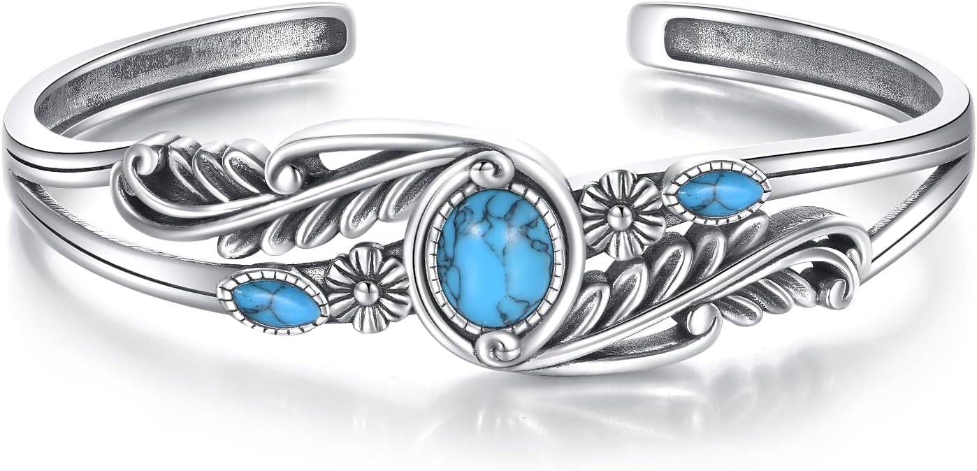 925 Sterling Silver Turquoise Bracelet for Women, Vintage Flower Leaf Cuff Bracelets Adjustable Bangle Boho Native American Jewelry Gifts for Mom Nana Her Christmas Birthday