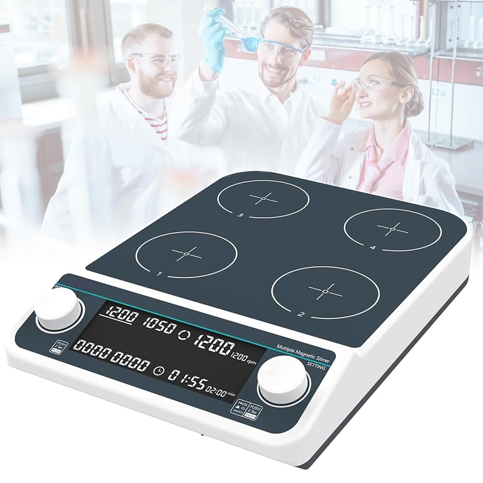 Agitador Magnético De 4 Posiciones, 500ml*4 Mezclador De Líquidos De Laboratorio con Pantalla Digital LED, Control Síncrono/asíncrono, Velocidad: 50-1500rpm, para Mezcla De Líquidos.