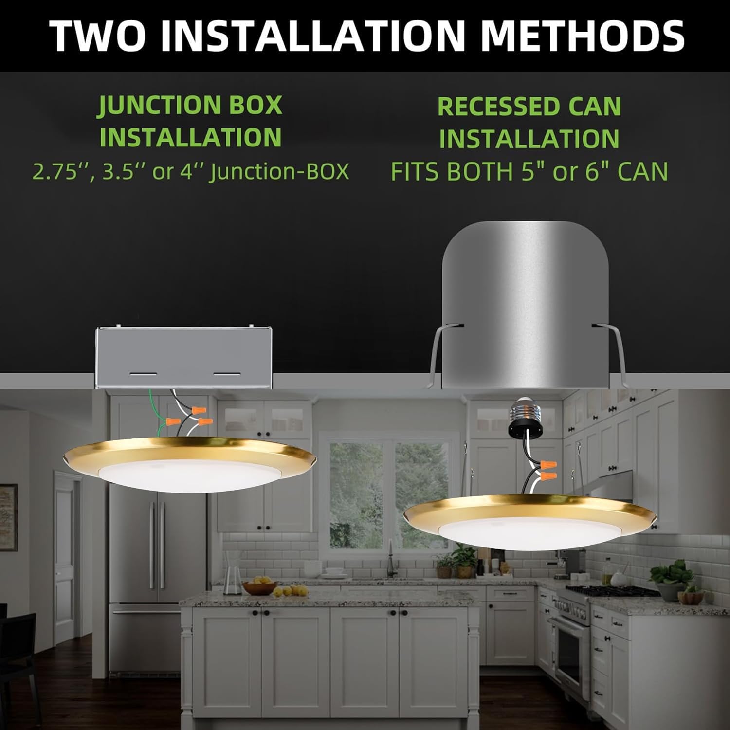 hykolity 5/6 Inch Selectable CCT LED Disk Light Flush Mount, 3000K/4000K/5000K, Dimmable Recessed Retrofit Ceiling Light, CRI90, 1050lm, 15W, Installs Into Junction Box or Recessed Can, Gold, 12 Pack