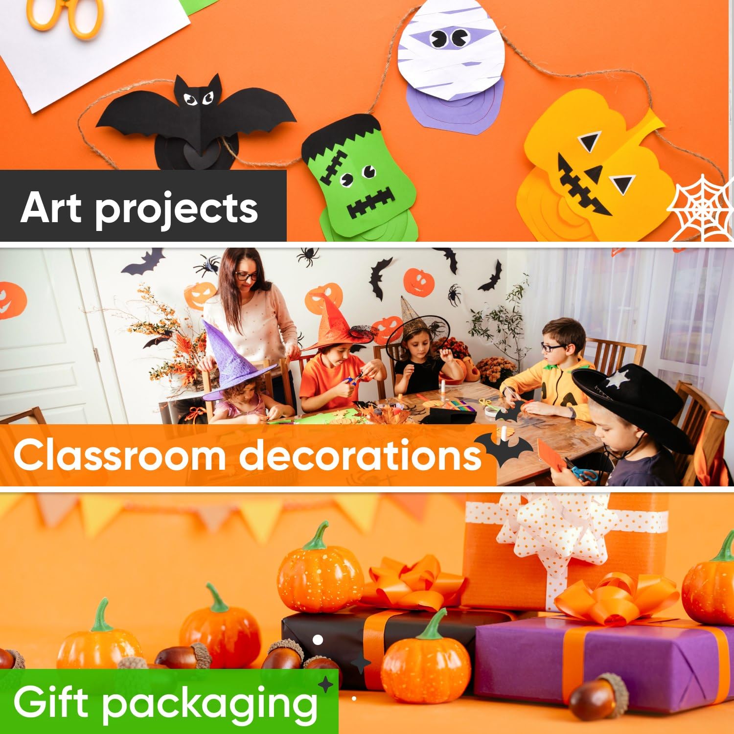 Juego de rollos de papel kraft de 36 x 1200 pulgadas (100 pies) para Halloween, 45 libras, papel kraft naranja, negro, lila, verde oscuro, hecho en Estados Unidos, papel de color para