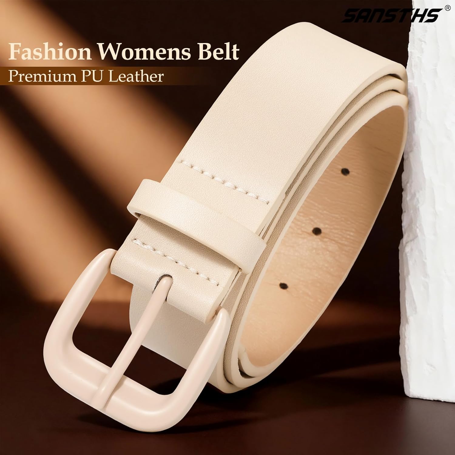 SANSTHS Womens Belt with Same Color Square Buckle, 9 Hole Adjustable Flexible PU Leather Belt for Women Jeans Pants Dresses - Image 3