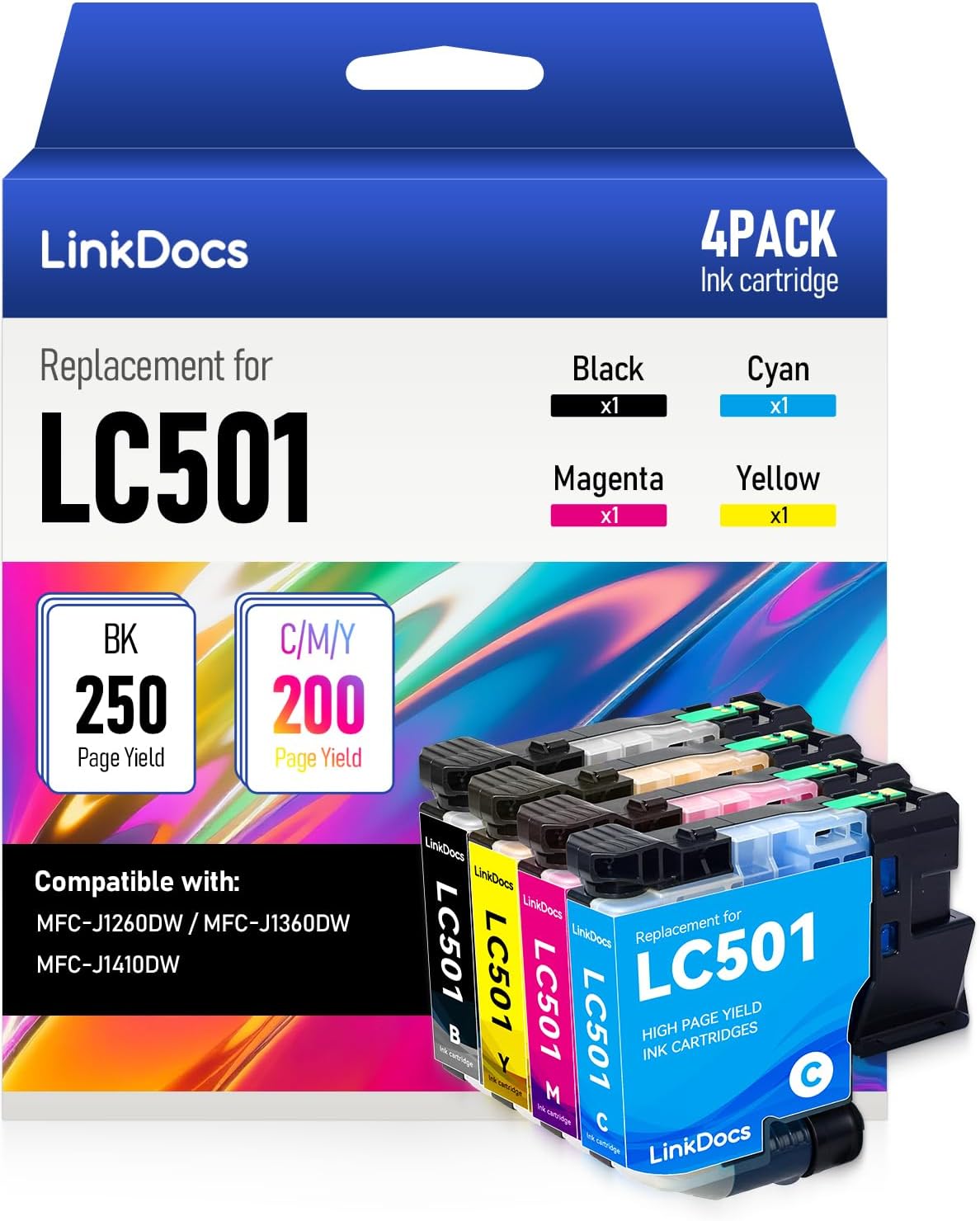 LinkDocs LC501 Ink Cartridges Compatible Replacement for Brother LC501 Work with MFC-J1260DW, MFC-J1360DW, MFC-J1410DW Printer (Black, Cyan, Magenta, Yellow, 4 Pack)