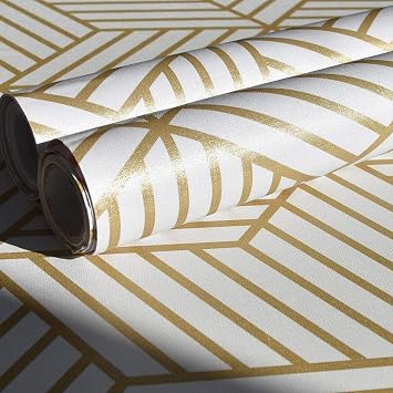 Self Adhesive Liner Vintage Contact Shelf Paper for Dresser Drawers Cabinet Sticker White and Gold, 17.7 inch x 196 inch
