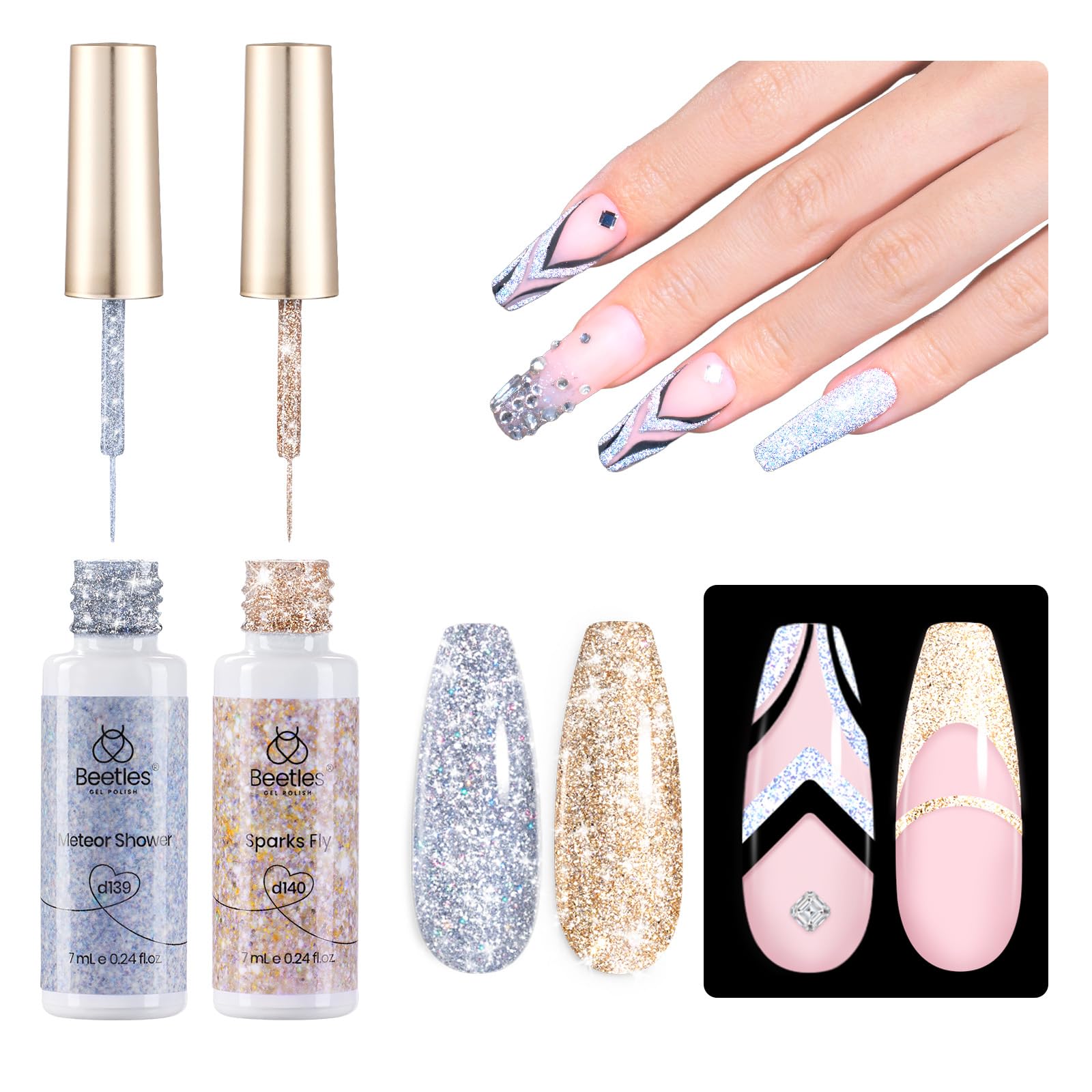 Beetles Silver & Golden Nail Art Gel Liner 2 Pcs Reflective Glitter Gel Nail Polish Soak Off Uv Lamp for Thin French Line Nails Manicure Nails Art Brush Paint