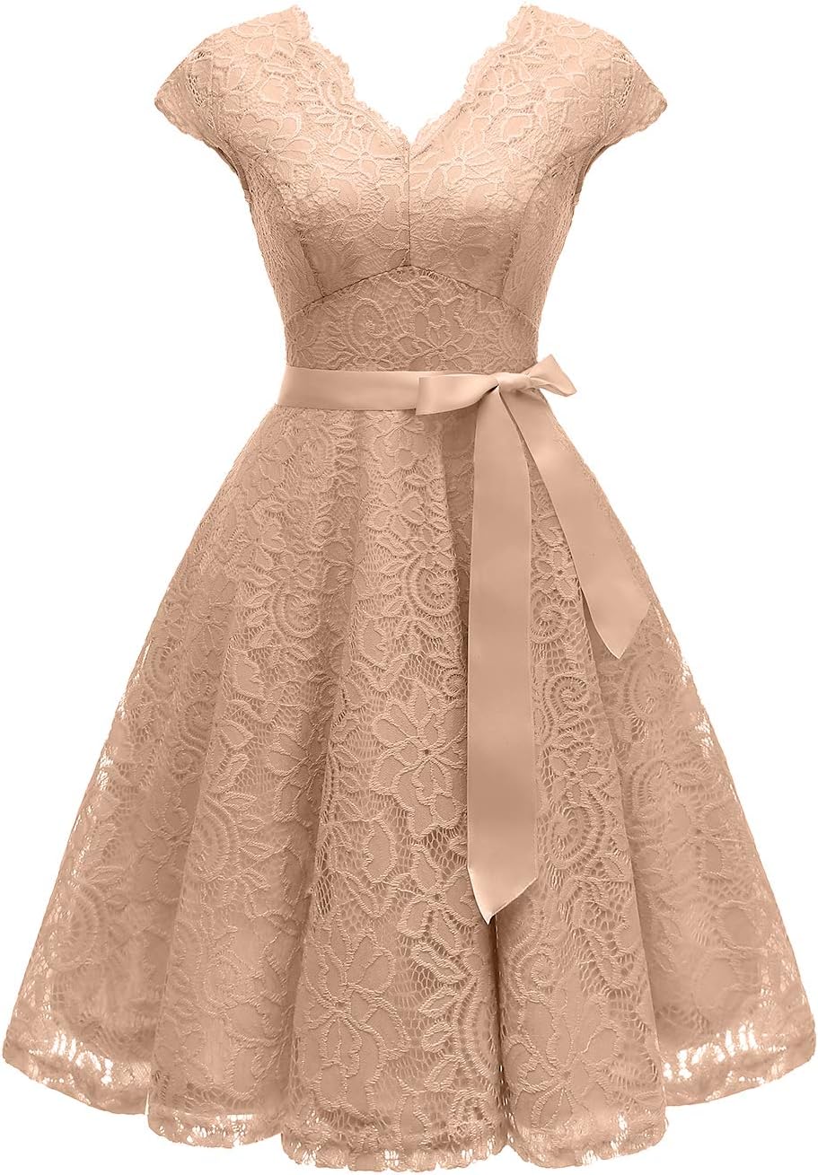 90035 Women's Vintage Lace Dress V Neck Bridesmaid Cocktail Party Dress V Neck-Champagne Medium