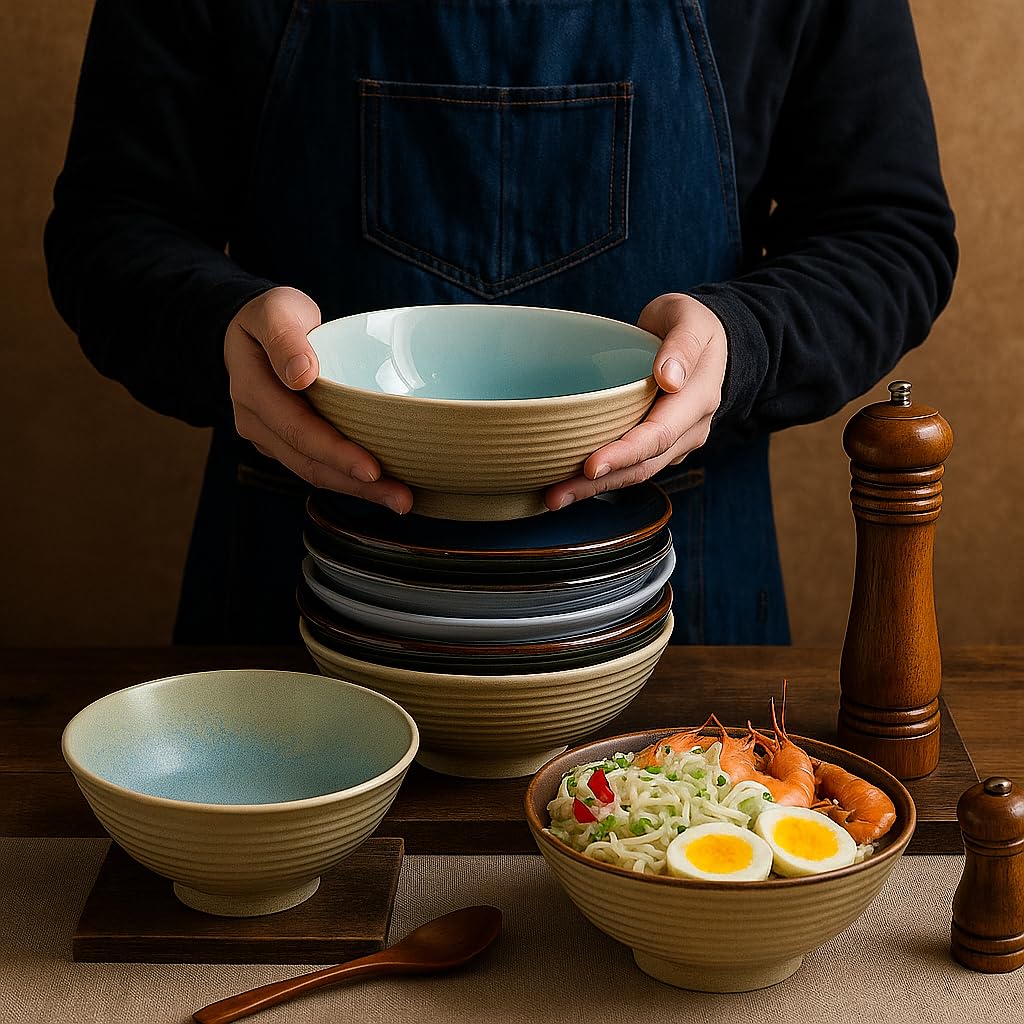 Lot de 2 bols à ramen en céramique - 1200 ml - 20 cm - Avec cuillère et bâtonnets pour ramen soup pho udon noodles asiatiques - Grand bol à noodle (vernis vert)