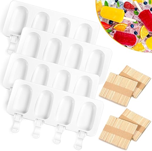 Molde de silicona para helado de 4 cavidades, moldes para hornear con 200 palitos para golosinas caseras (blanco)
