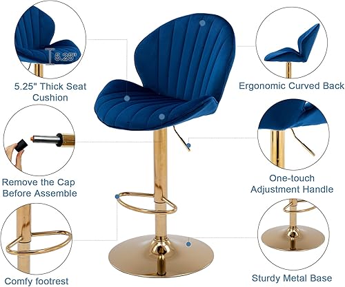 Miniatura 5 de Juego de 2 taburetes de bar giratorios modernos de terciopelo, de altura ajustable, sillas de bar con respaldo de concha, taburetes de isla de Cuero