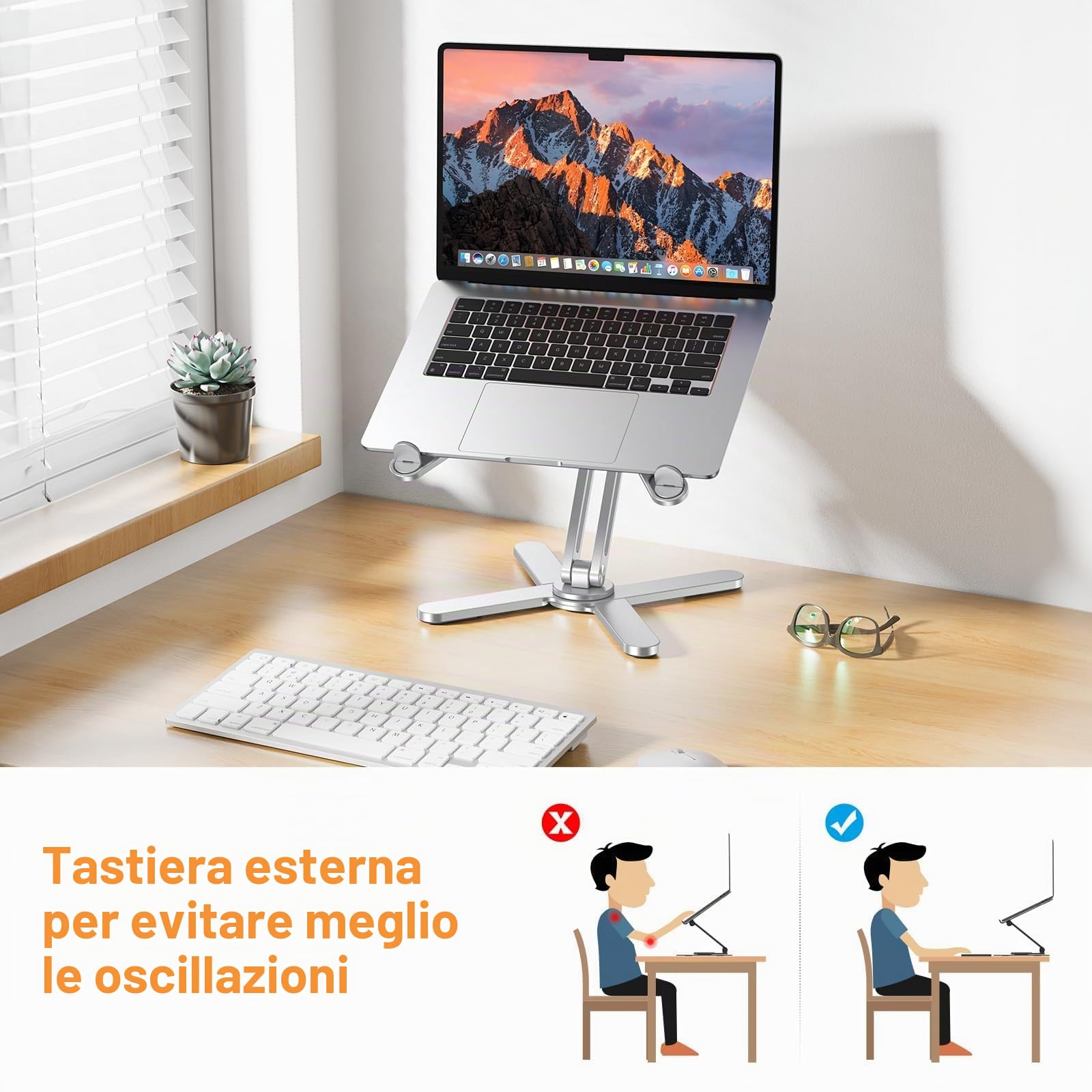 OMOTON Supporto pieghevole per computer portatile con base rotante a 360°, supporto ergonomico per laptop per lavoro collaborativo, adatto a tutti i laptop fino a 16", argento