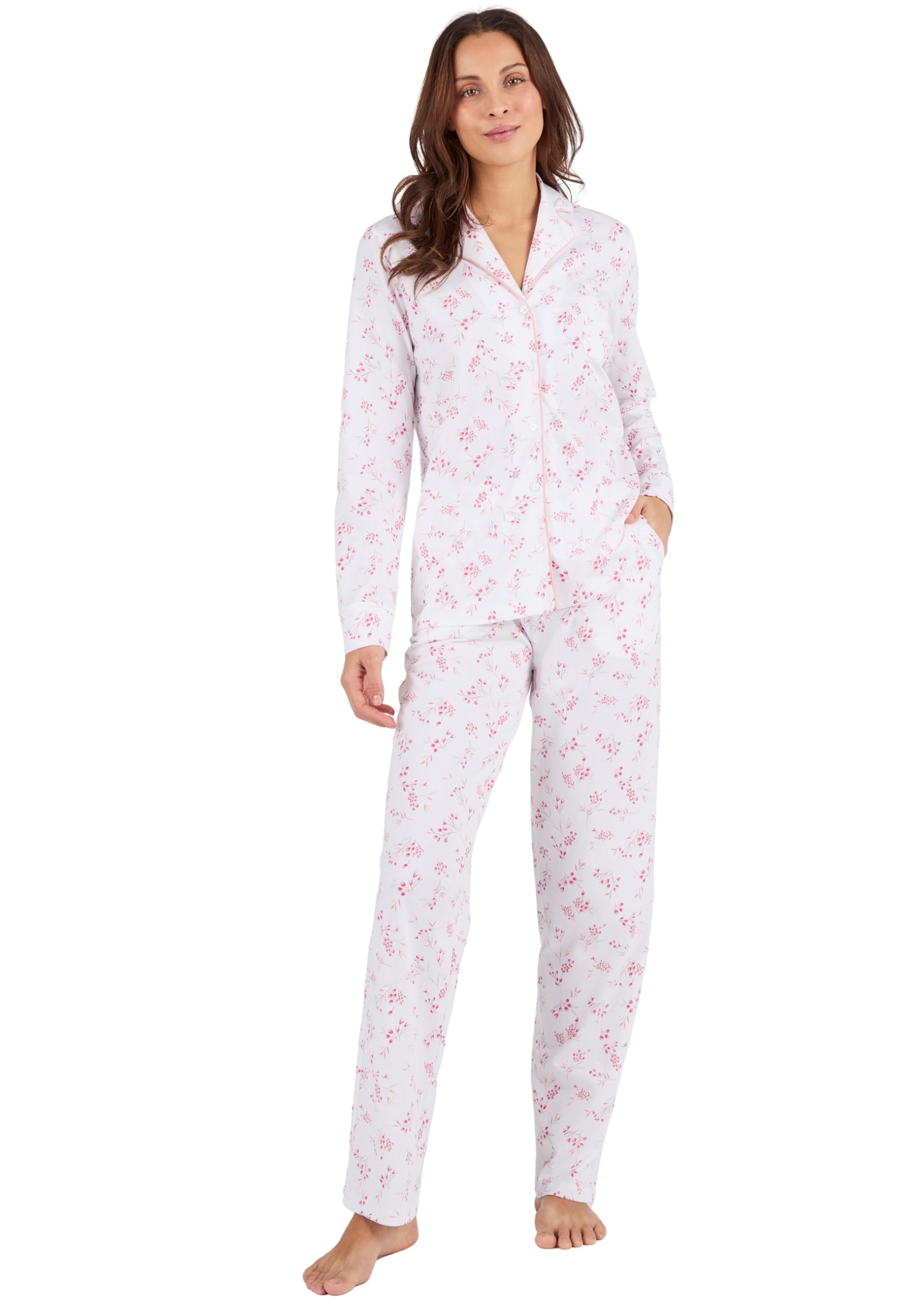 Damart - Button-through Jersey Pyjamas, Pink Flowers, 14/16