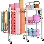 FUTASSI Home Gym Storage, 3 Tiers Workout Equipment Organizer with Wheels for Yoga Mats, Foam Roller, Dumbbells, Kettlebells, and Resistance Bands