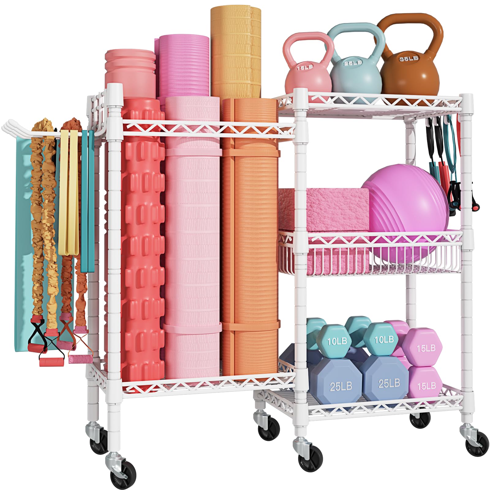 Home Gym Storage, 3 Tiers Workout Equipment Organizer with Wheels for Yoga Mats, Foam Roller, Dumbbells, Kettlebells, and Resistance Bands