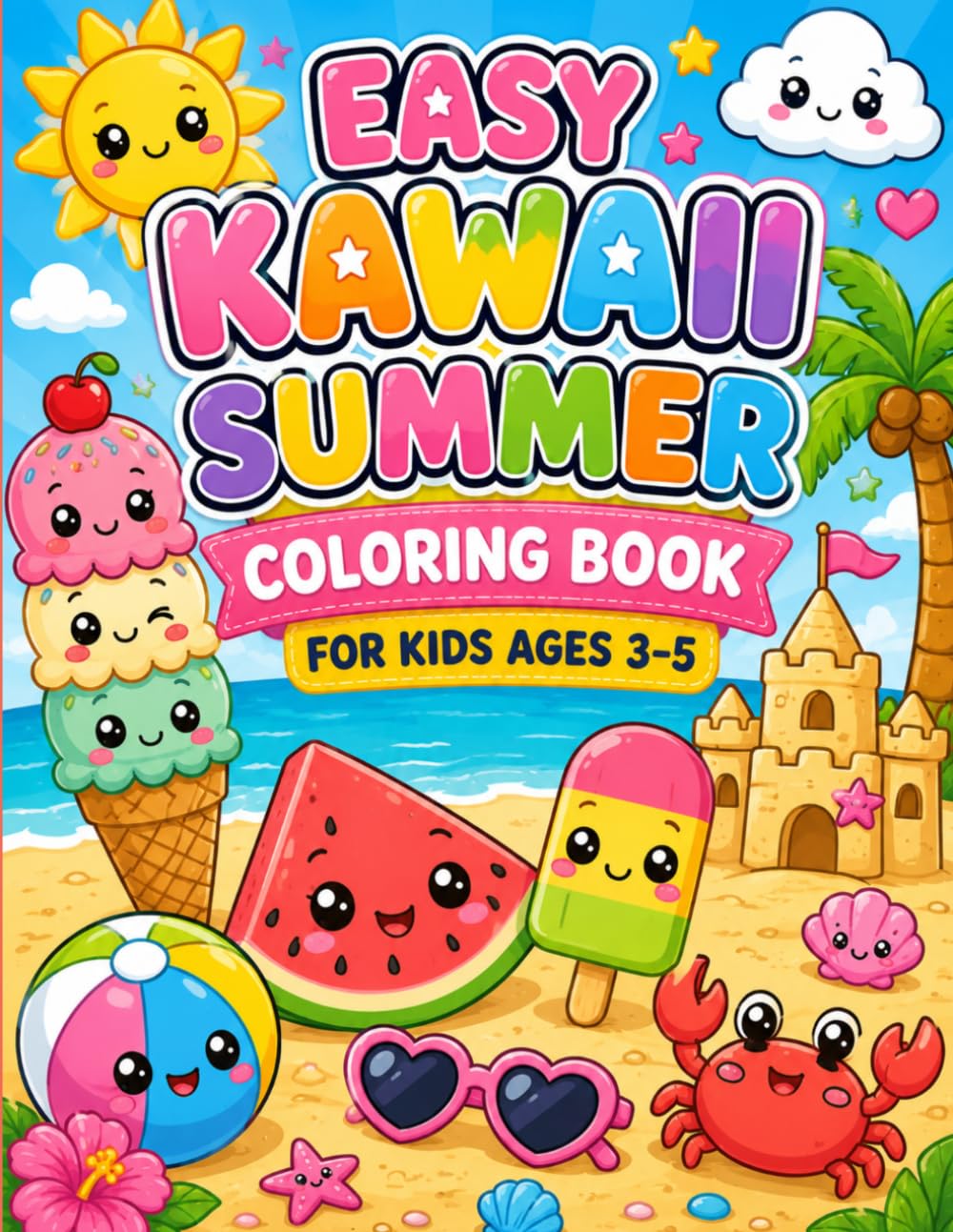 Easy Kawaii Summer Coloring Book for Kids Ages 3–5: Cute and Simple Big Bold Summer Coloring Pages for Toddlers and Preschoolers