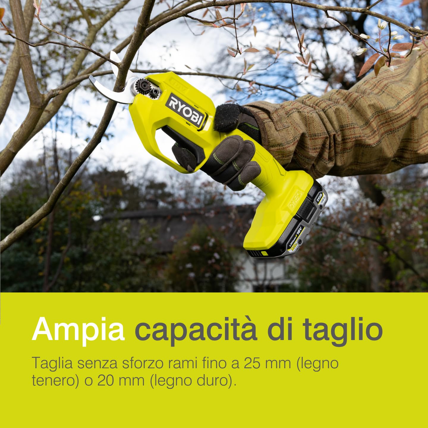 Ryobi R18SCA‑0 Cesoie Potatrici a Batteria 18V ONE+, Lama Bypass 25 mm, Coppia 145 Nm, Solo Corpo Macchina