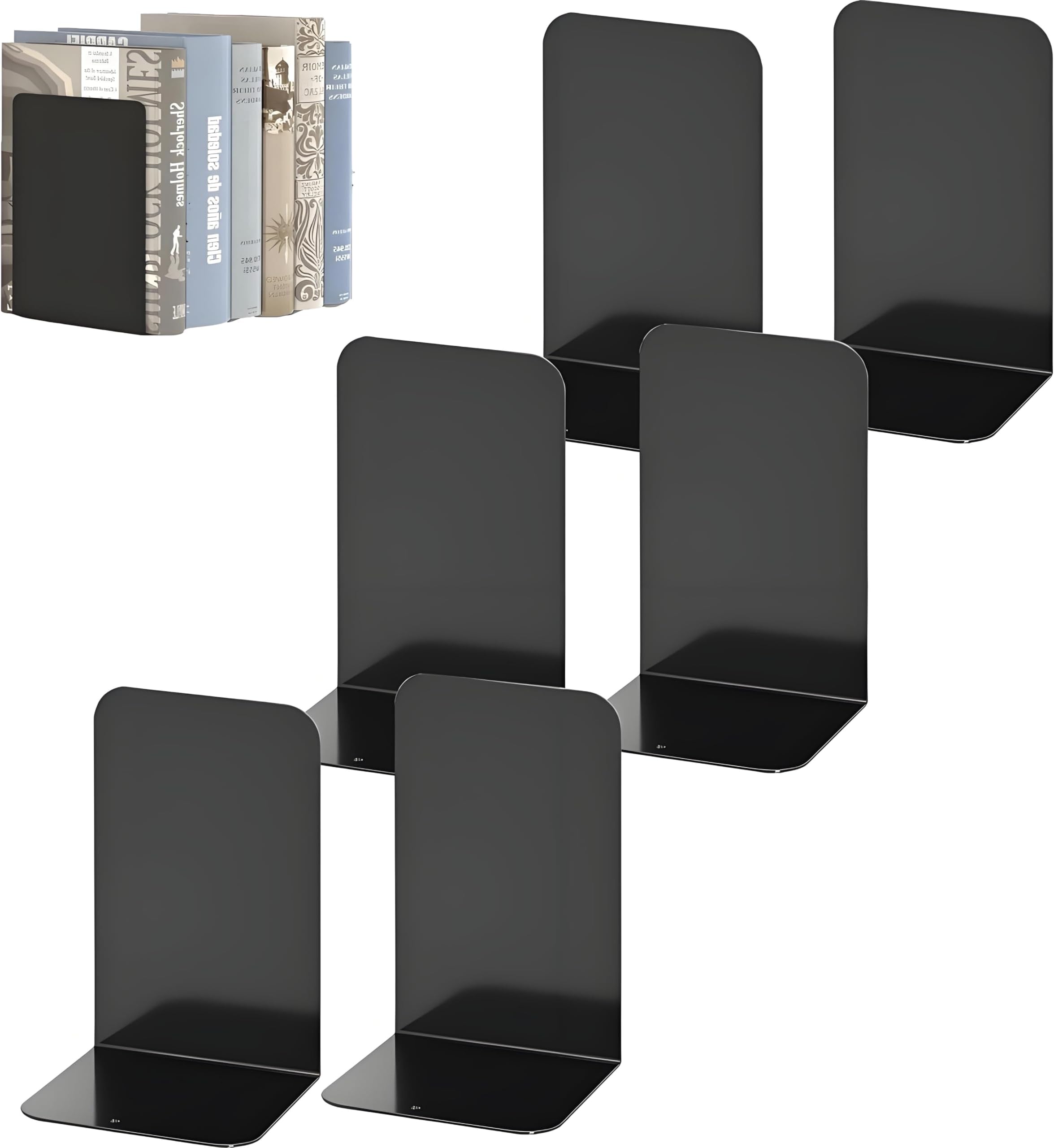 Kiswleon 6 PCS Book Ends for Shelves, Heavy Duty Bookends,Black Metal Bookends,Book Ends for Shelves with Non-Slip Rubber Pad, Book Stand for Childrens,Gifts,Desk Organiser (8 * 5.3 * 4in)