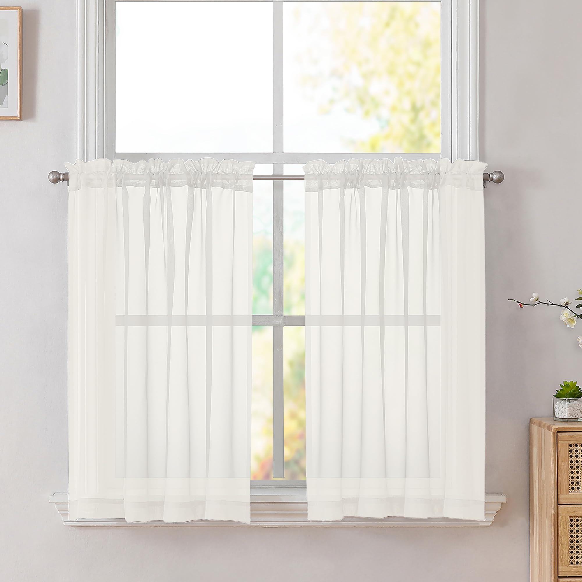 Simplebrand Ivory Sheer Kitchen Curtains (2 Panels, 42 x 36 Inch, Rod Pocket) - 100% Polyester Light Filtering Drapes for Bathroom, Living Room, Bedroom Decoration
