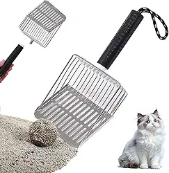 Pá de Areia para Gatos, Pá de Metal Sólida e Durável para Gatos, Peneira de Aço Inoxidável, Resistente, para Caixa de Areia, Outros Animais de Estimação Hamster, Cabo de Borracha (Preto)