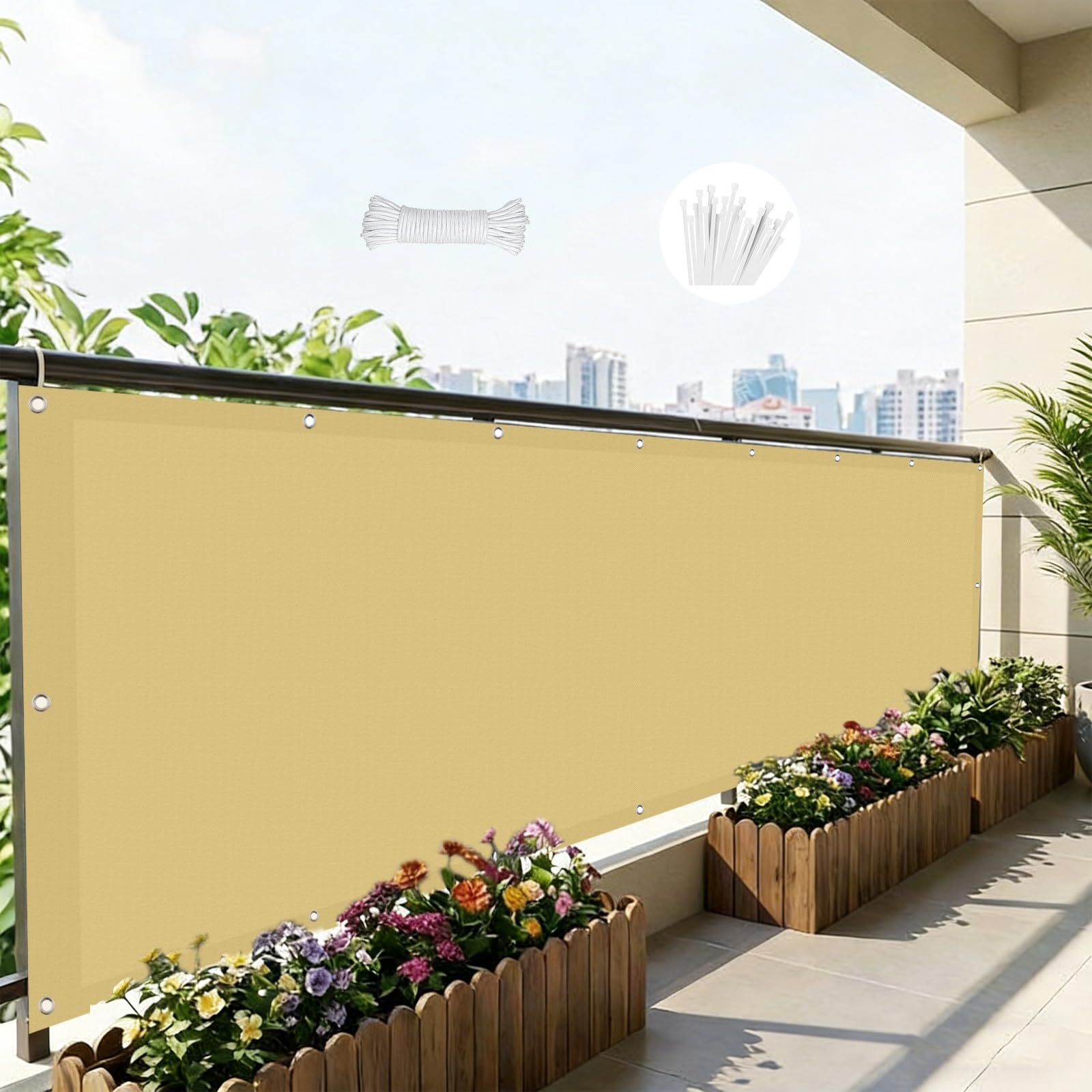 Osłona Prywatności 98 x 470 cm 90% Zacienienia Odporny Na Promieniowanie UV Osłona Prywatności Na Balkon Przeciw Wiatrowi Na Patio Balkon Na Kemping Kwadrat, Piaskowy żółty
