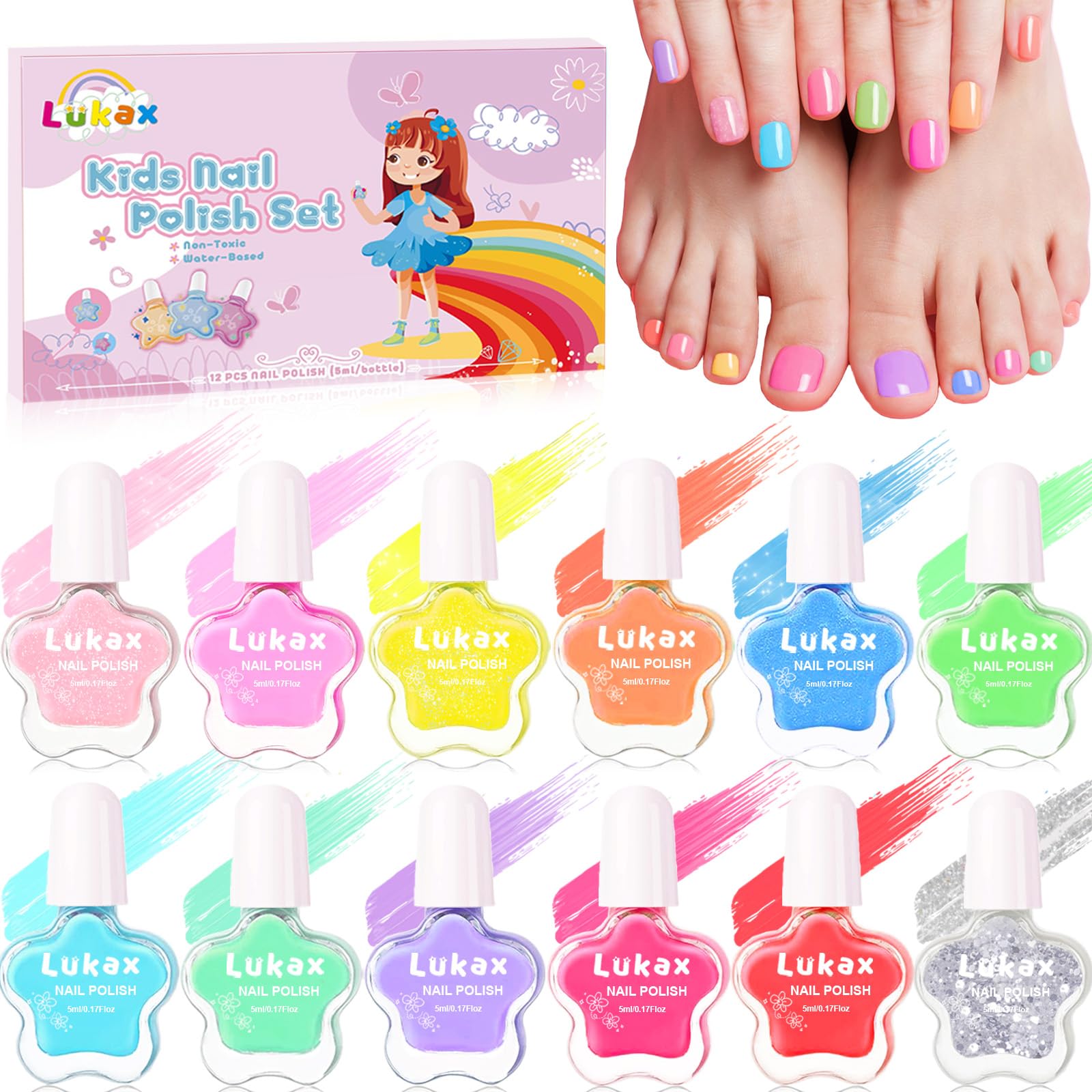 Lukax Kids Nail Polish Set for Girls - 12 Colors Non Toxic Safe Toddler Nail Polish, Water Based Peel Off Low Odor Girls Nail Polsih Kit for Baby Kids