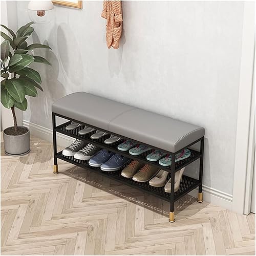 Estante de zapatos - Banco de almacenamiento de zapatos, zapatero de entrada con asiento de cuero, organizador de 3 niveles, banco de metal para