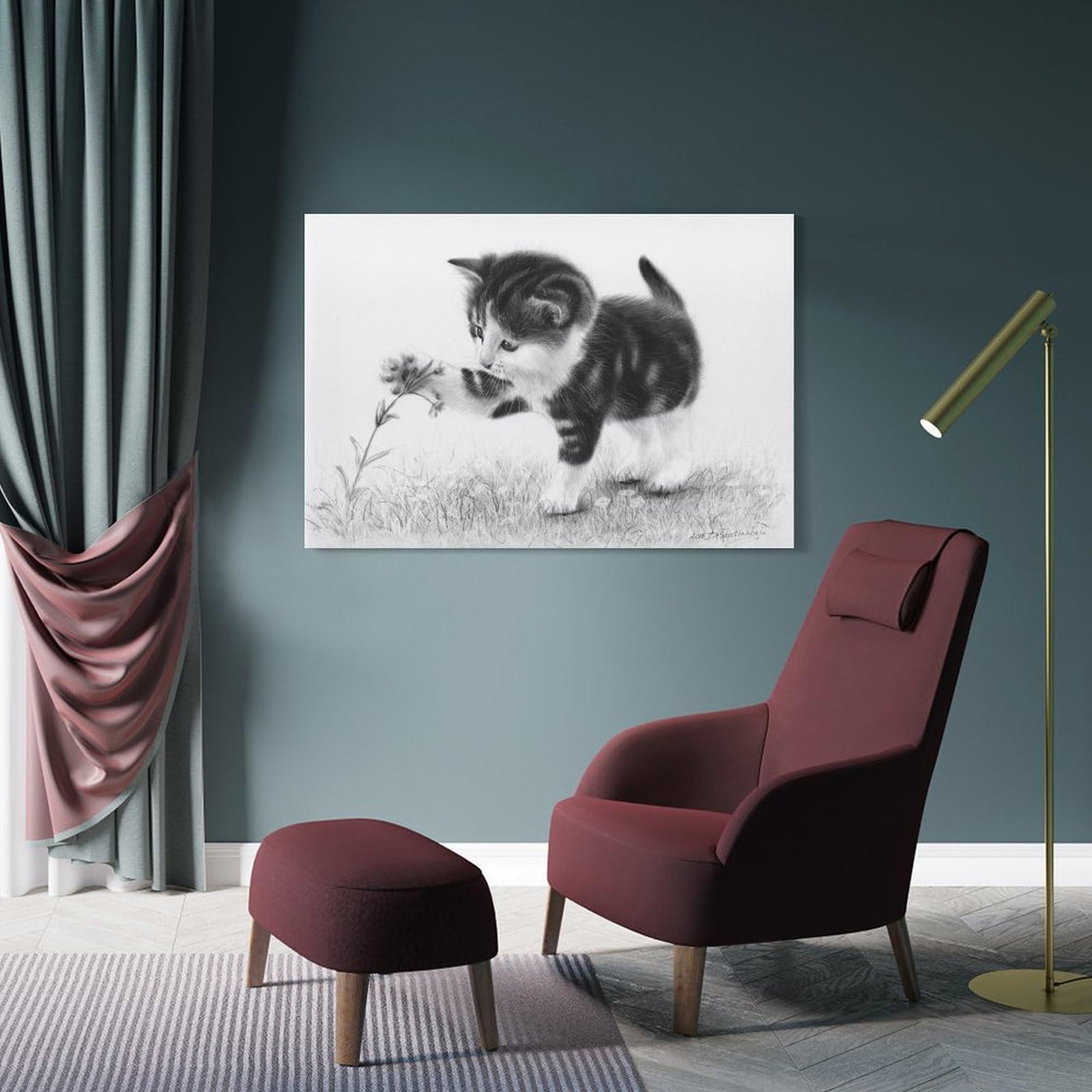 Junmoney Frame-Style-22-2 Curious Kitten Home Decor Wall Art 24X36inch(60X90cm), For Bedroom, Guest Room Or Reading Nook, Decorative Wall Art For Cosy Rooms