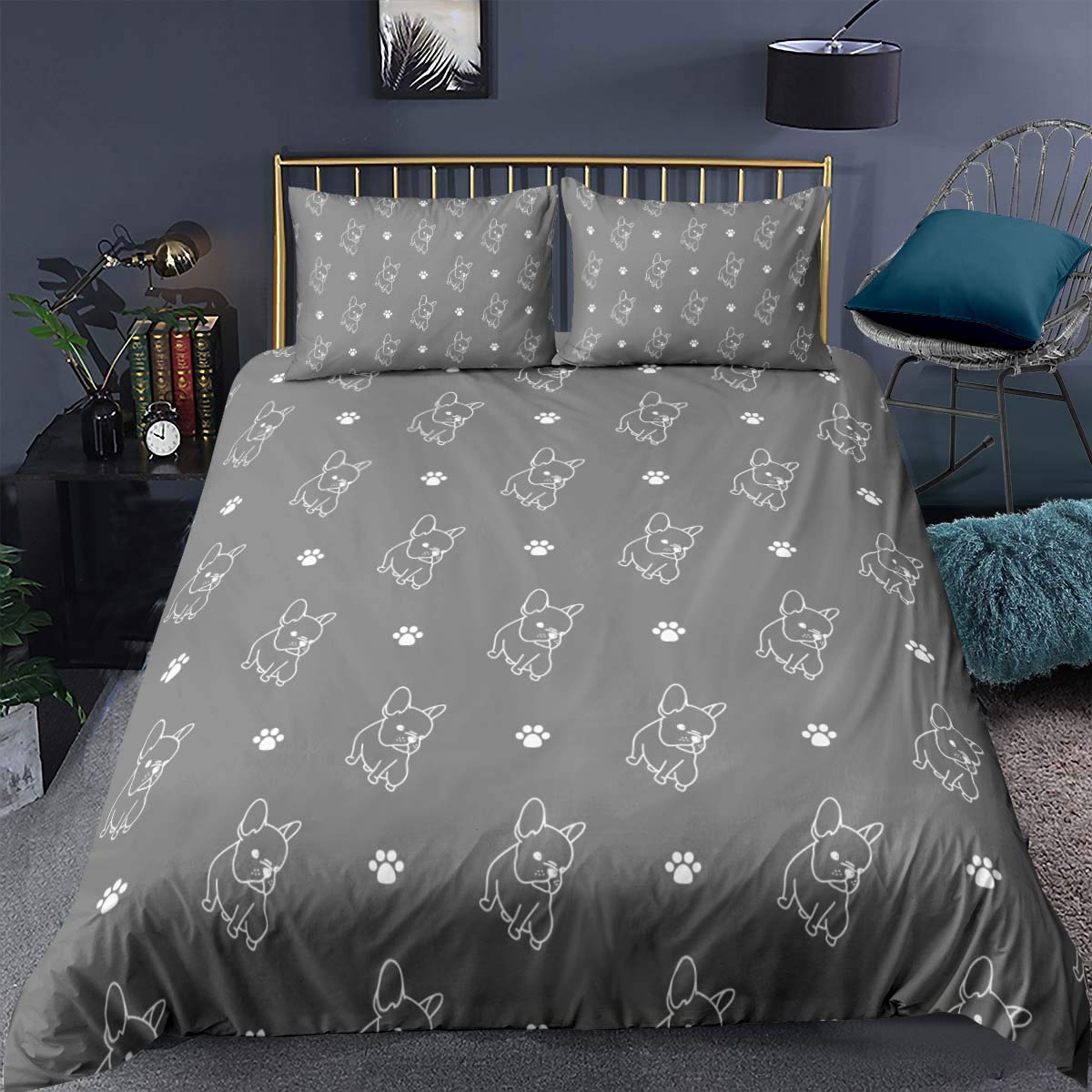 Feelyou Dog Duvet Cover Set Queen,French Bulldog Comforter Cover,Domestic Pet & Cute Footprints Illustration,Kids Boys Decorative 3 Pieces:1 Bedding Set & 2 Pillow Shams,with Zip Ties