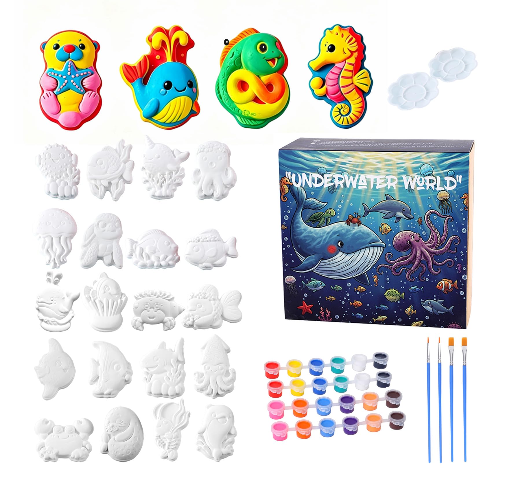 GloomGlo Underwater World - Kit per pittura in gesso, confezione da 8 pezzi, set fai da te con 24 statuine di animali marini, tavolozza di pennelli lavabili, regalo creativo fatto a mano per bambini