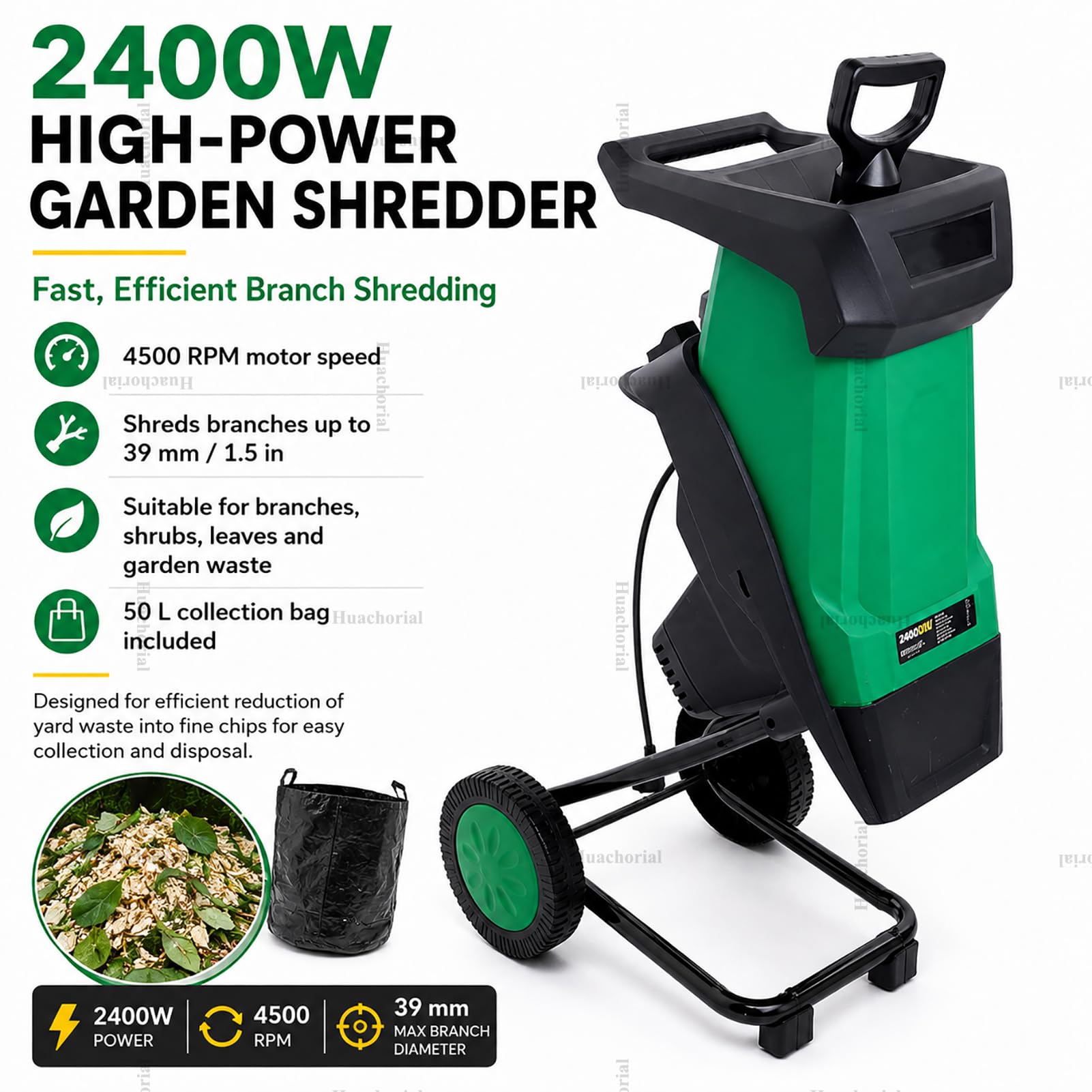 Broyeur de Végétaux Électrique 2400W pour Branches Et Feuilles