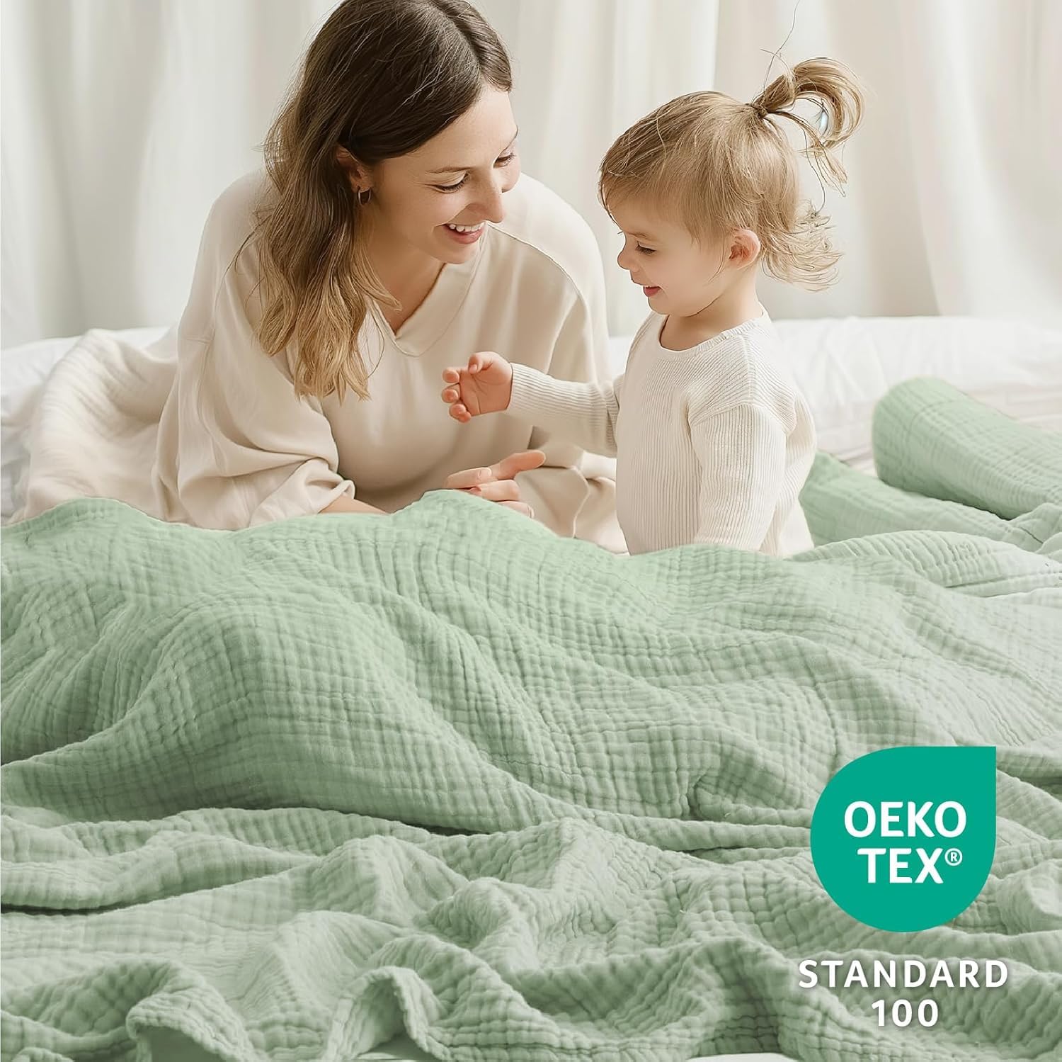 Lanqinglv Manta de muselina 150x200cm de algodón, manta de 4 capas de muselina, manta de verano verde certificada Oeko-Tex, manta para sofá y cama, para el hogar y para acurrucarse, manta de algodón