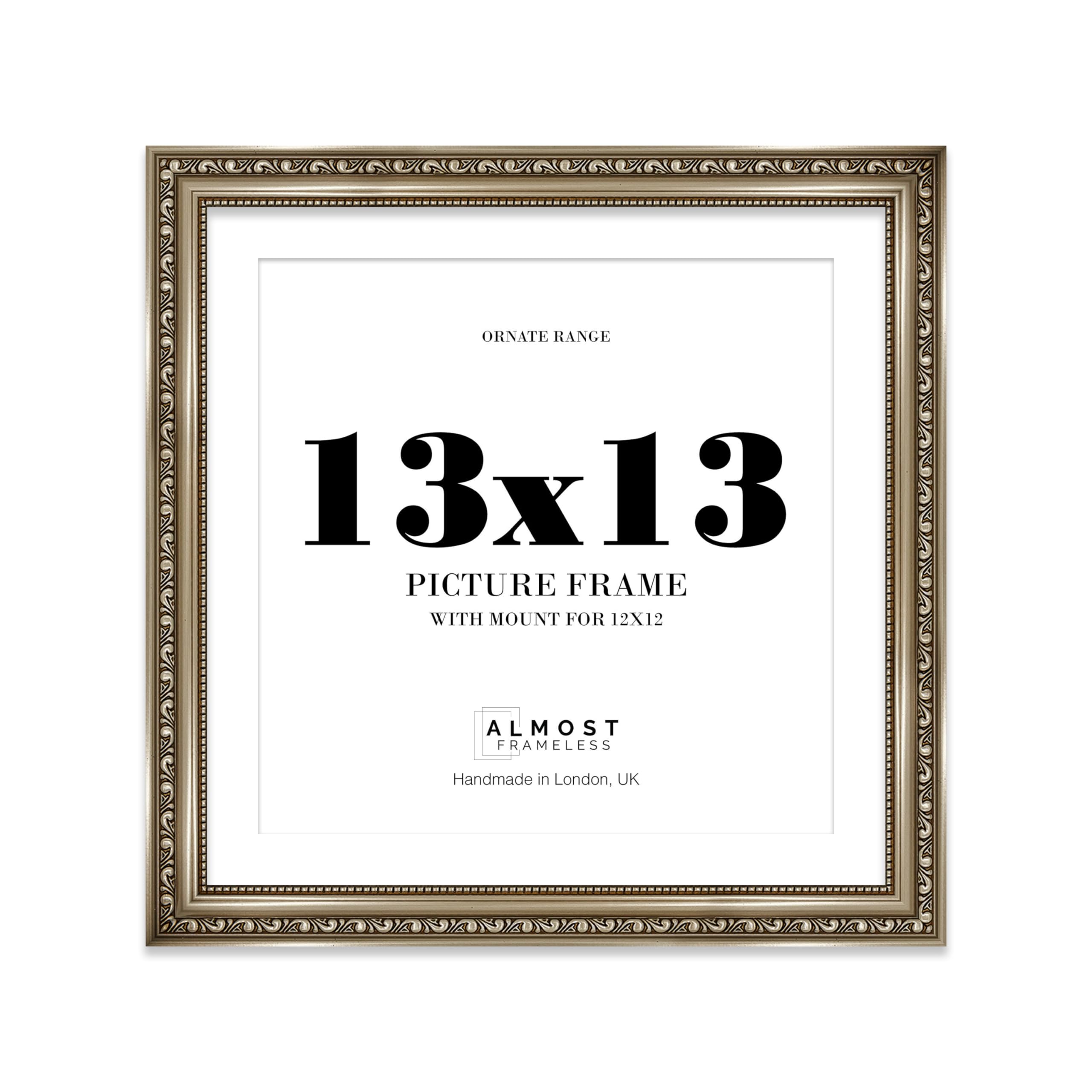 13x13 Gunmetal Ornate Photo Frame With White Mat For 12x12 Picture, Ready to Hang or Stand, 1 Pack