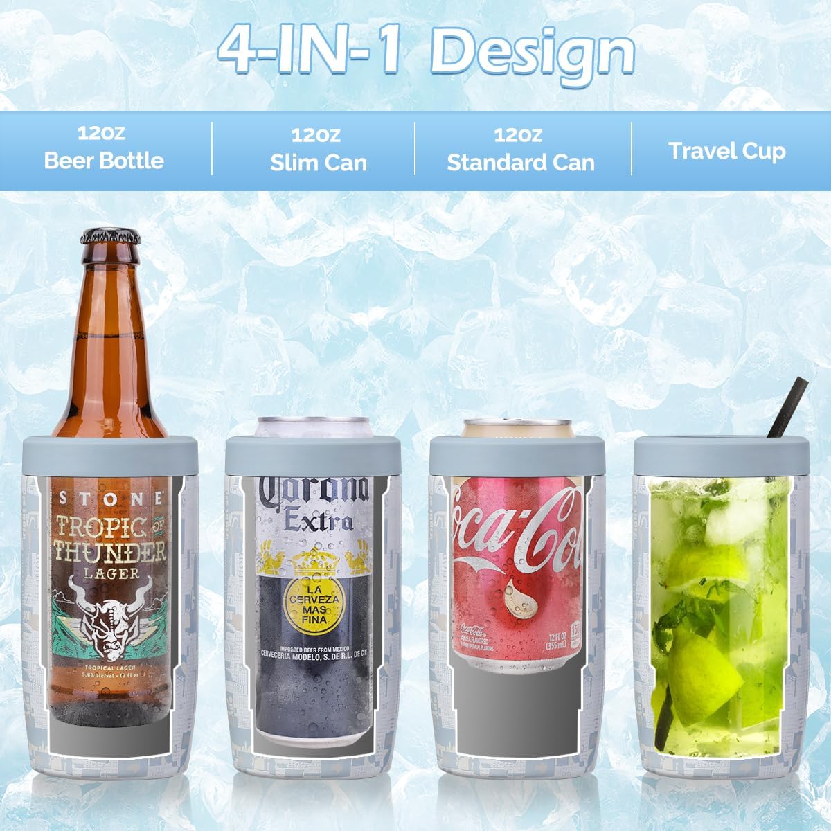 4-in-1 Skinny Can Cooler Double Wall Stainless Steel Insulated Can Holder,Can Coozie, Works With 12 Oz Slim Can,Standard Cans,Beer Bottles & As Pint Cups (Inx Blue) - Image 2